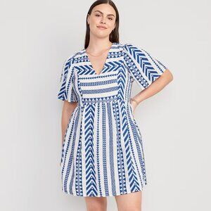 Old Navy Flutter-Sleeve V-Neck Jacquard Mini Swing Dress Blue White, Size 2X